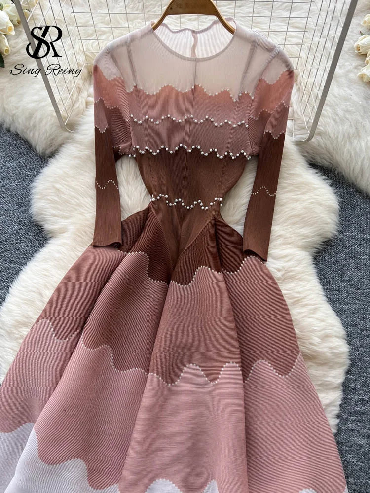 Wave Print Long Sleeve Ankle Length Evening Dress for Women