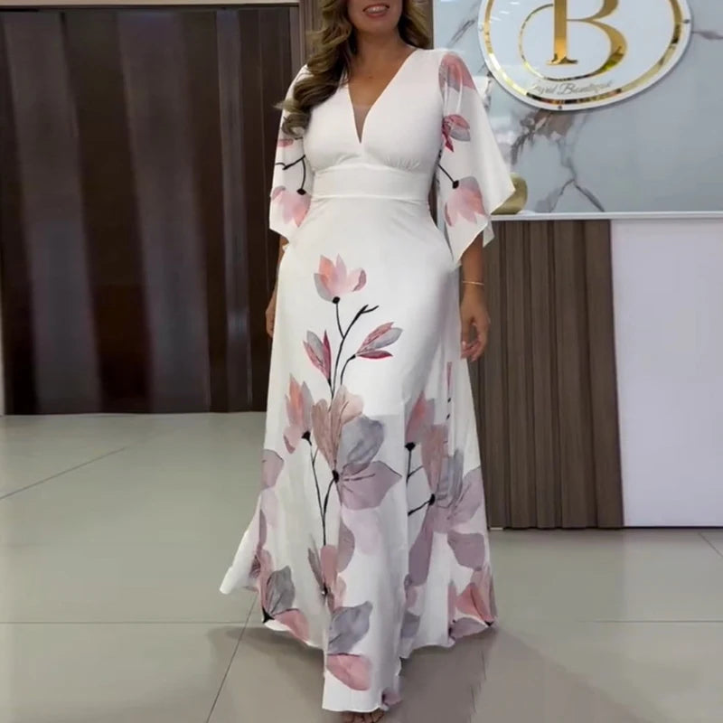Bohemian V-Neck Hollow Out Short Sleeve Long Dress for Women