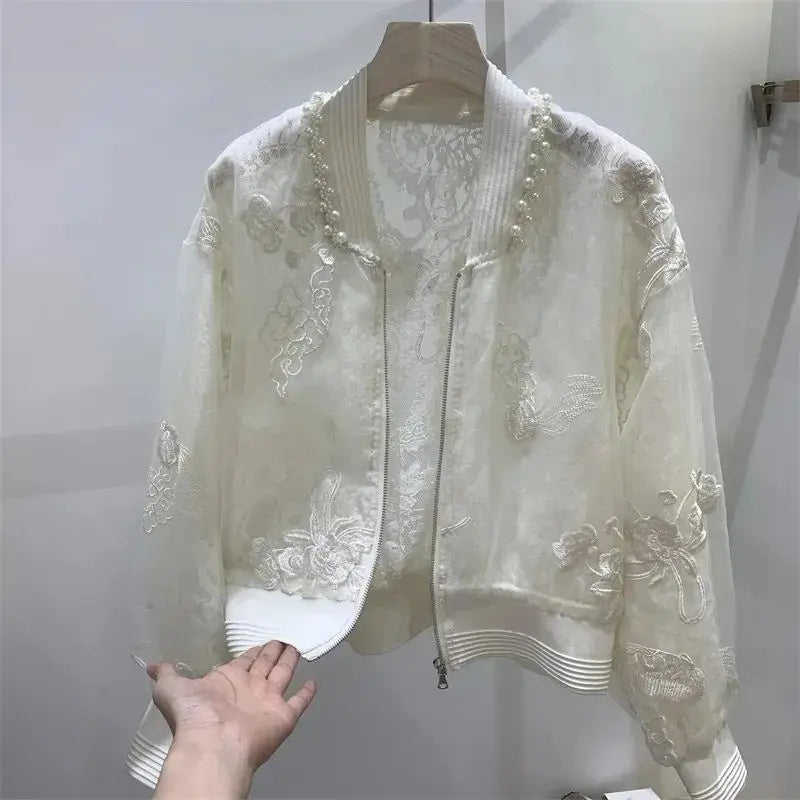 Bead Embroidered Round Neck Baseball Jacket For Women