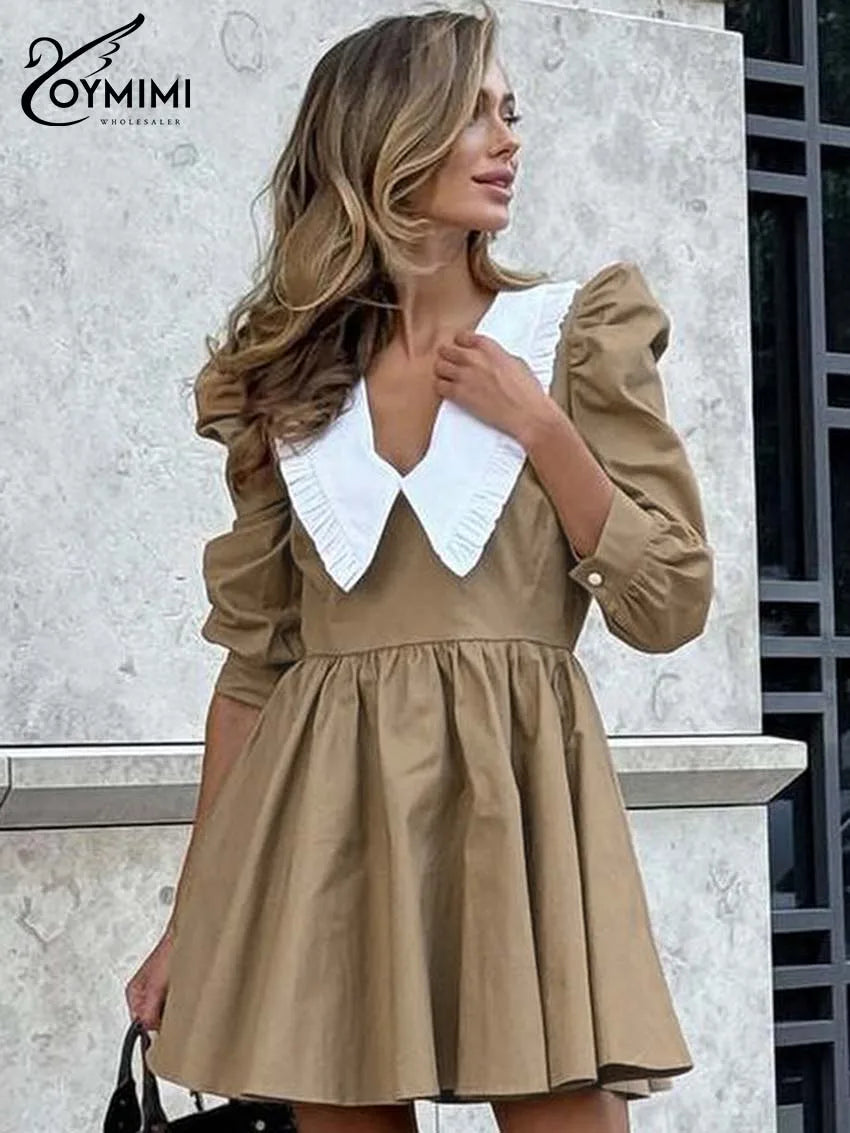 Oymimi Elegant Black Patchwork Women's Dress Casual Peter Pan Collar Three Quarter Sleeve Dresses Fashion Pleated Mini Dresses