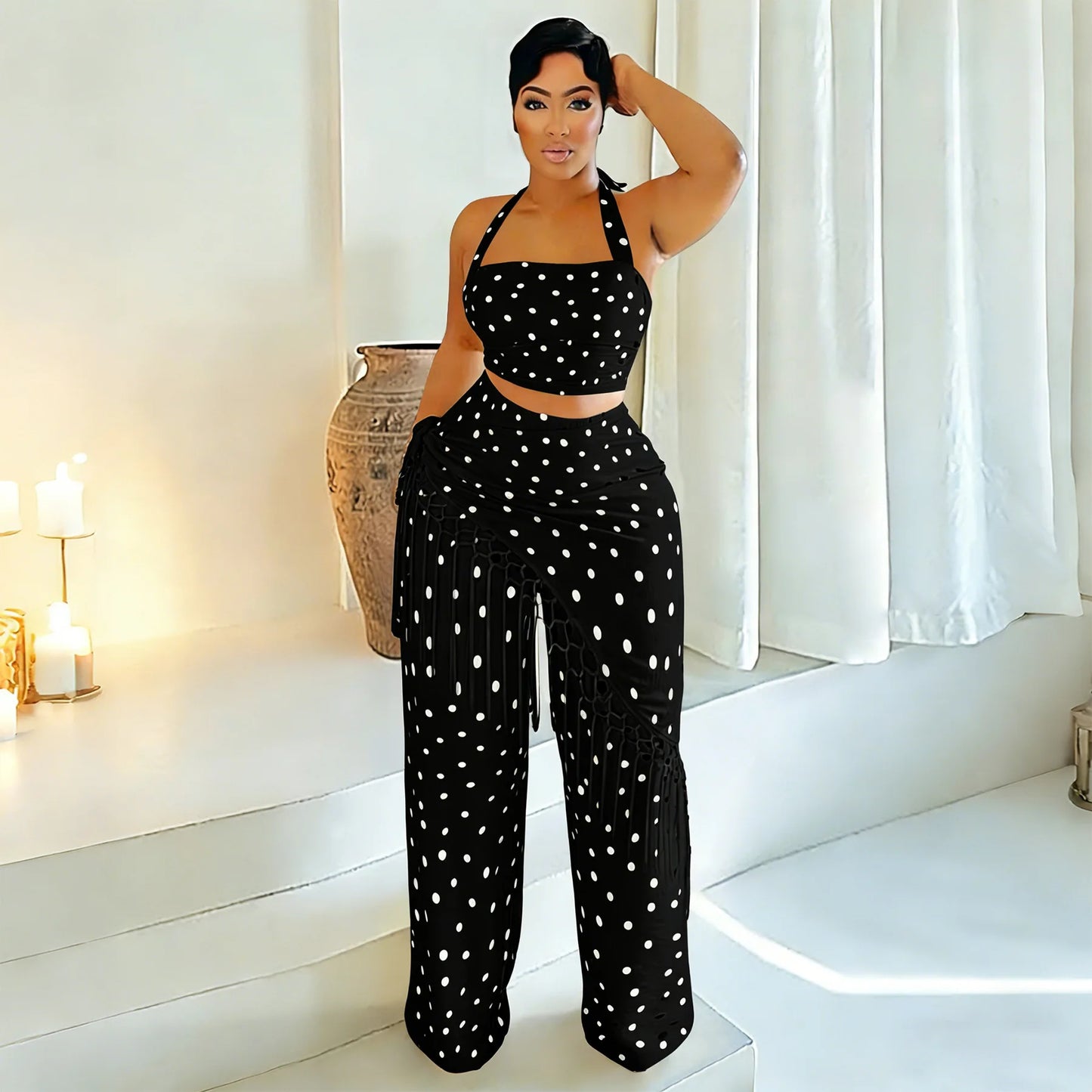 Polka Dot Print Halter Crop Top Tassel Fringe Two Piece Outfit for Women
