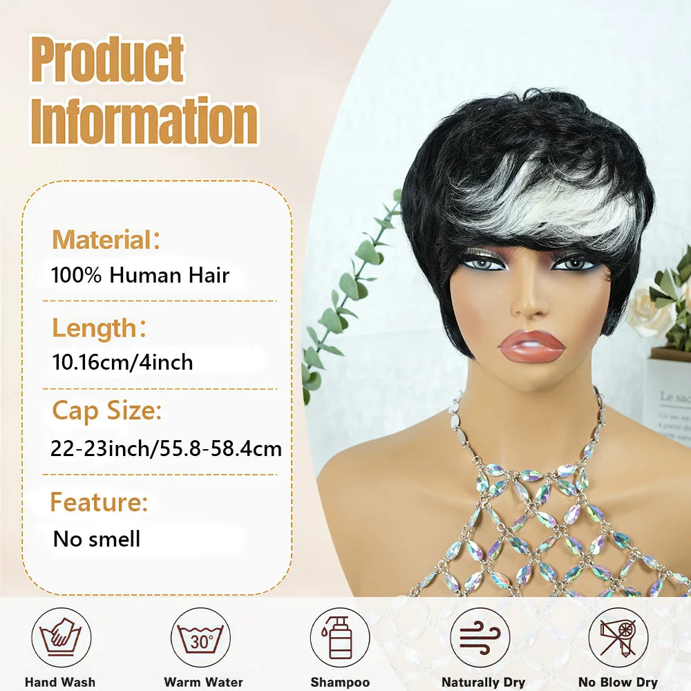 Short Pixie Remy Human Hair Wig With Bangs for Women
