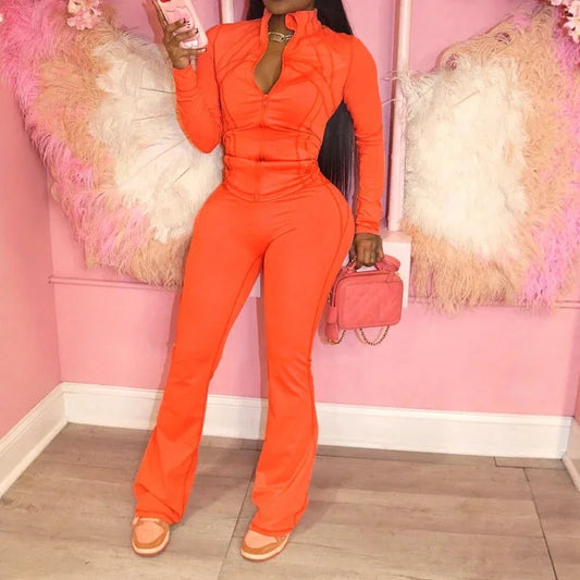 Casual Two-piece Sports Set Women 2025 Autumn Winter Fashion Solid Color Long Sleeve Zipper Top & Slim Pants Suit Tracksuit