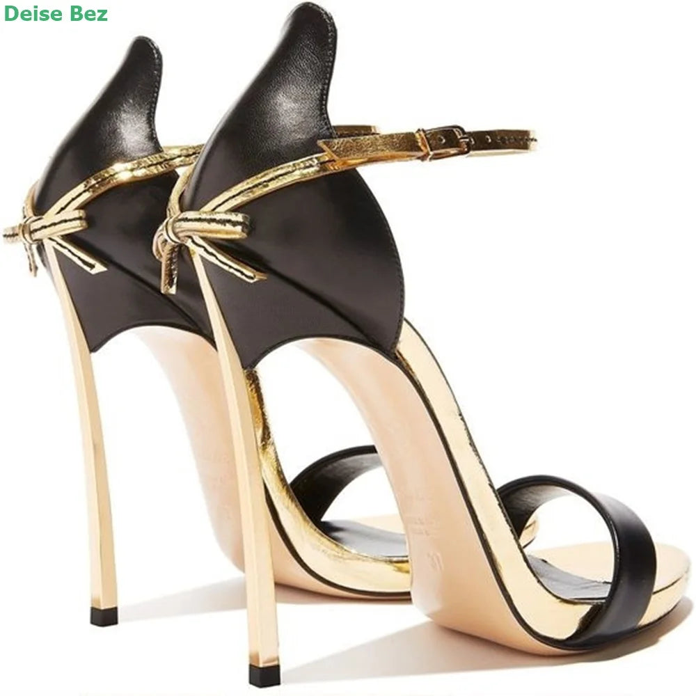 Elegant Black Metal Heel Ankle Strap Sandals For Women