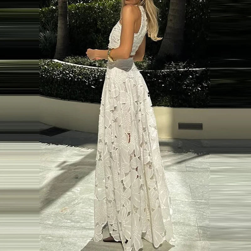 Spring Summer Holiday Boho Outfit Women Sexy O Neck Sleeveless Crop Top & Maxi Skirts Set 2025 Fashion Embroidery Lace 2pcs Suit