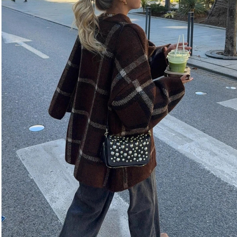 Plaid V-Neck Knit Cardigan With Double Pockets For Women