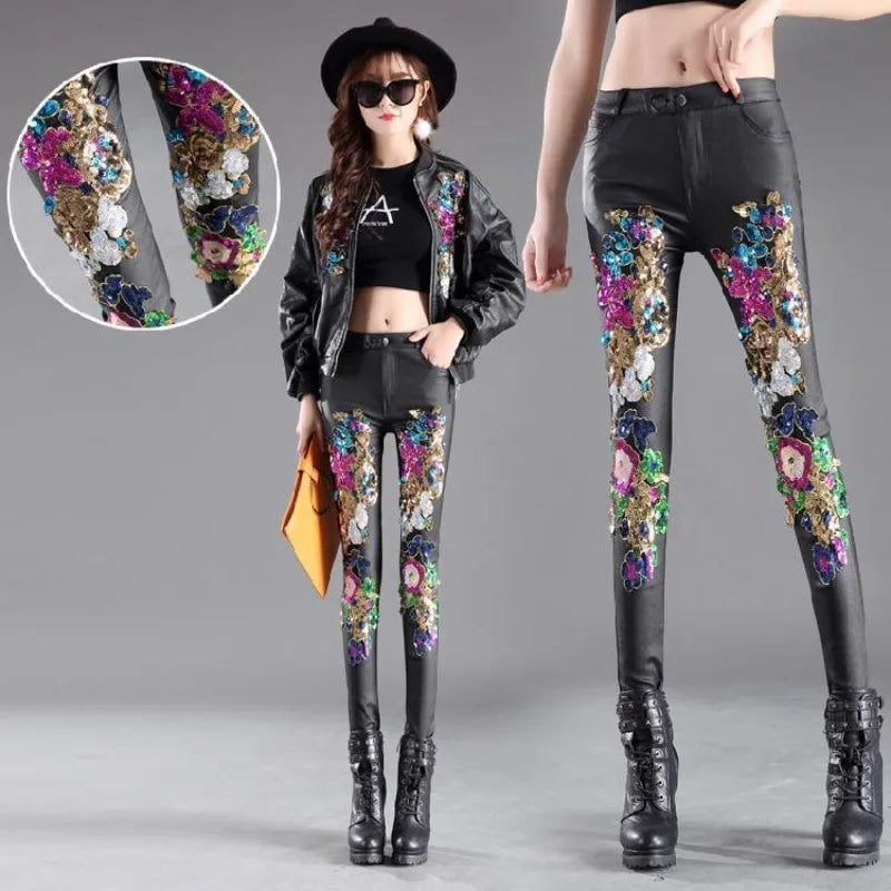 2025 Spring and Autumn Women's Leather Pants New Rose Sparkle Slim Fit Small Leg Pants Women's Bottom and Outer Wear