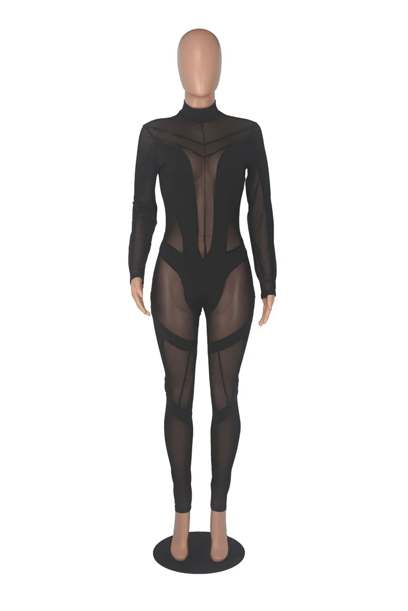 Sexy Sheer Mesh Jumpsuits Women Party Club Outfits Skinny Patchwork Long Sleeve See Through Rompers Womens Jumpsuit Midnight