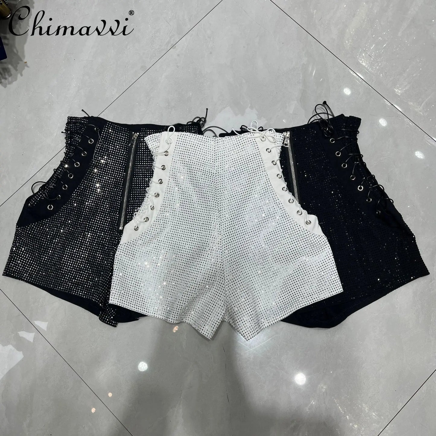 Summer New Fashion Hot Girl Design Heavy High Waistshorts Women's Tie Back Zipper Design Tight Hip Covering Nightclub Hot Pants