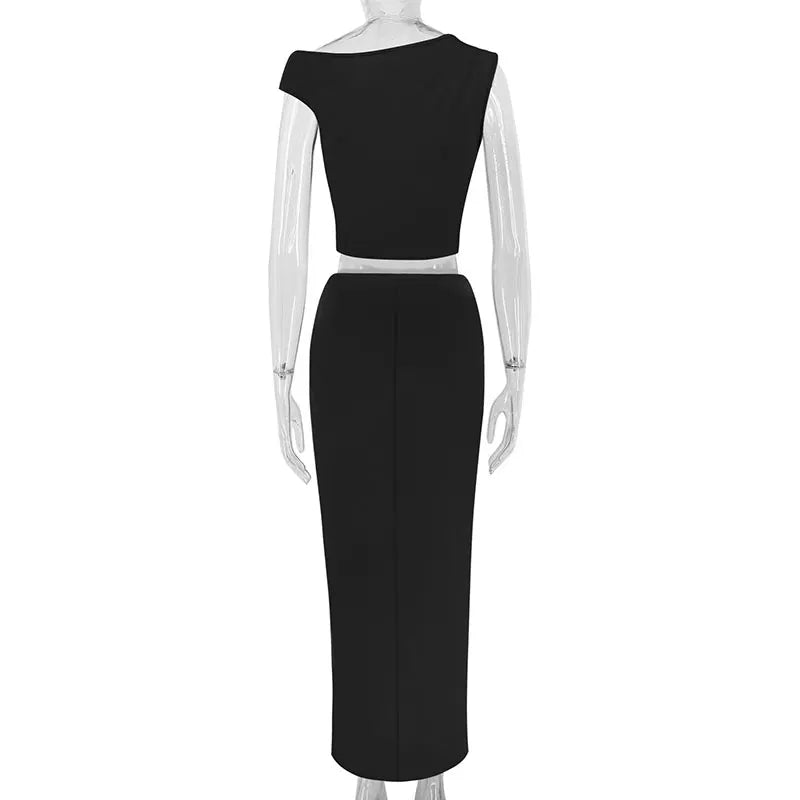 Women's Tank Maxi Skirt Spring New Two Piece Fashion Tank Black Sexy Split Skirt Lady Casual Slim Elegant High Quality Clothing
