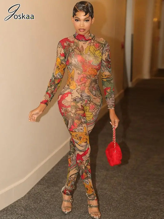 Joskaa Colorful Print Mesh Backless Jumpsuit Women Sexy See Through Full Sleeve Skinny Overalls 2025 Coquette Midnight Clubwear