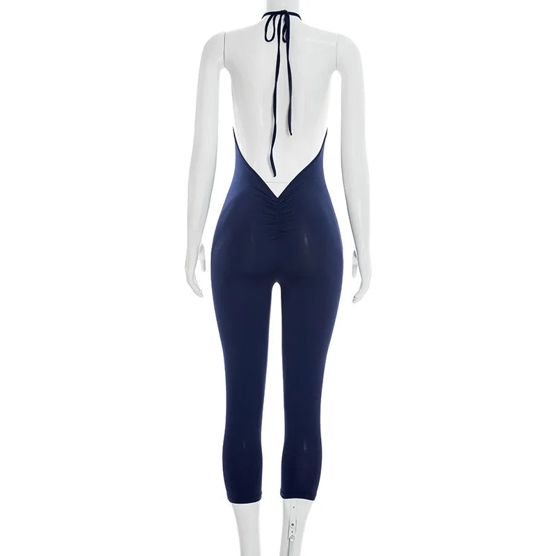 Backless Ruched Halter Neck Capri Jumpsuit for Women