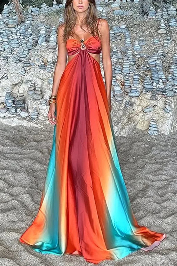 Sexy Gradient Sling Beach Long Dress Women Vintage Sleeveless Lace Up Hollow Out Tube Dresses Female Chic Street Party Holiday