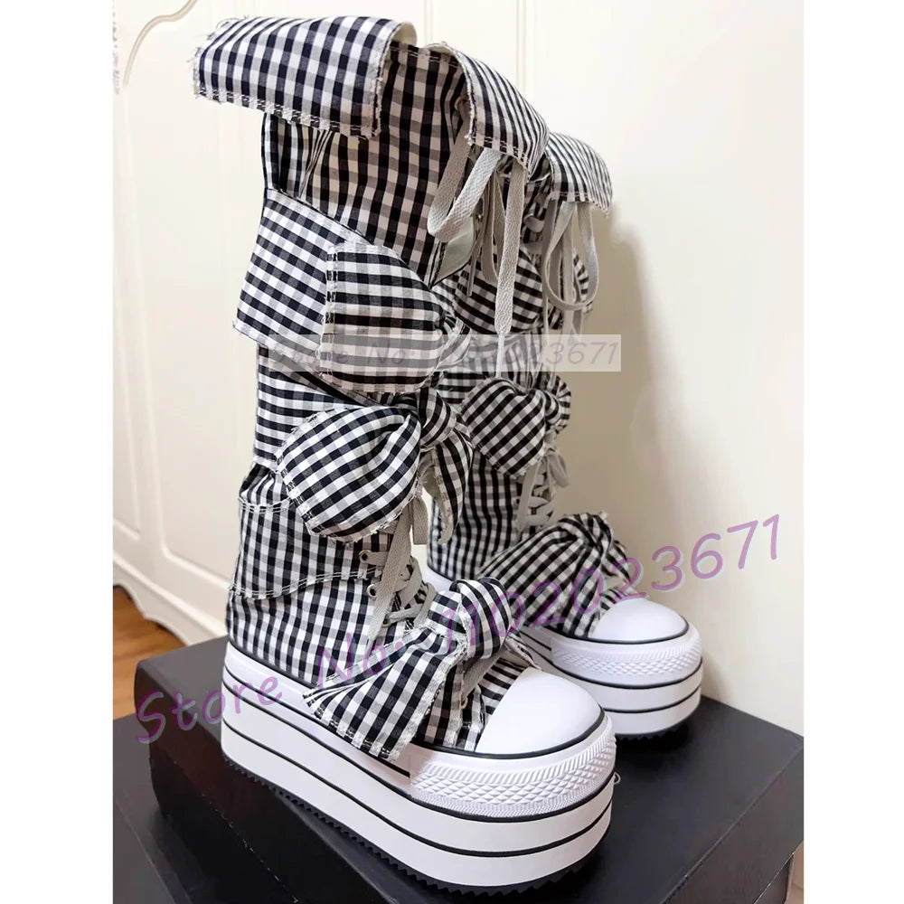 Bowknots Thick-sole Long Canvas Shoes Women Trendy Round Toe Cool Plaid Shoes Girl's Lolita Sweet Lace-up Platform Tall Boots