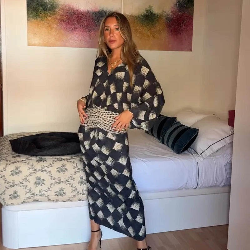 Casual Patchwork Print V Neck Maxi Dress for Women