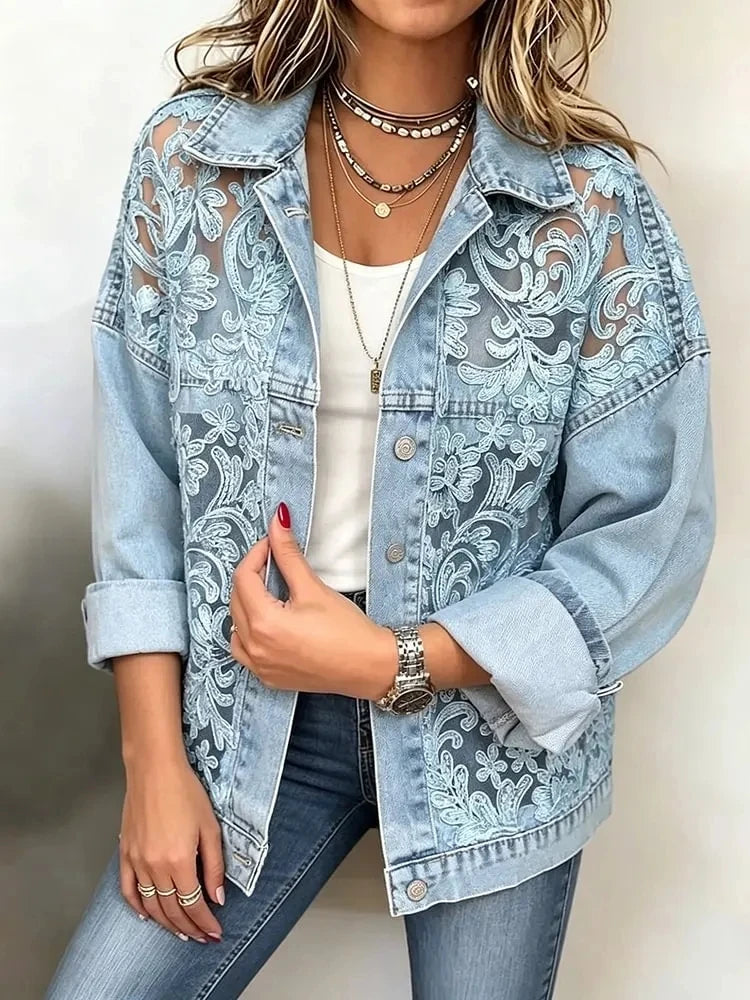 Contemporary Lace Spliced Casual Denim Jacket For Women