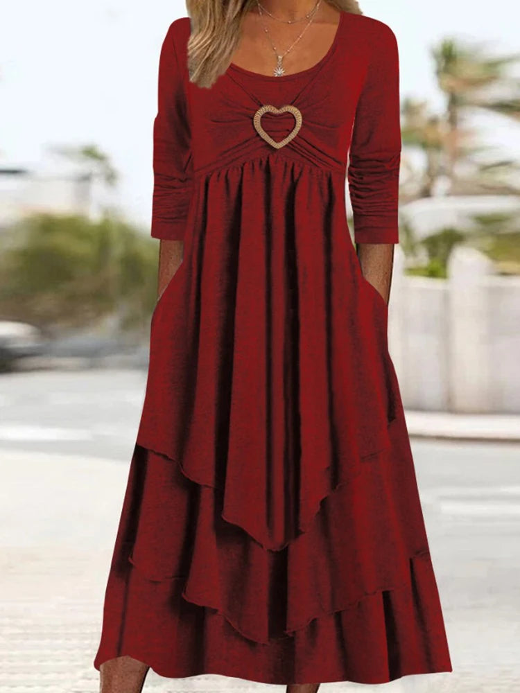 Long Sleeve Patchwork Midi Dress With Pockets for Women