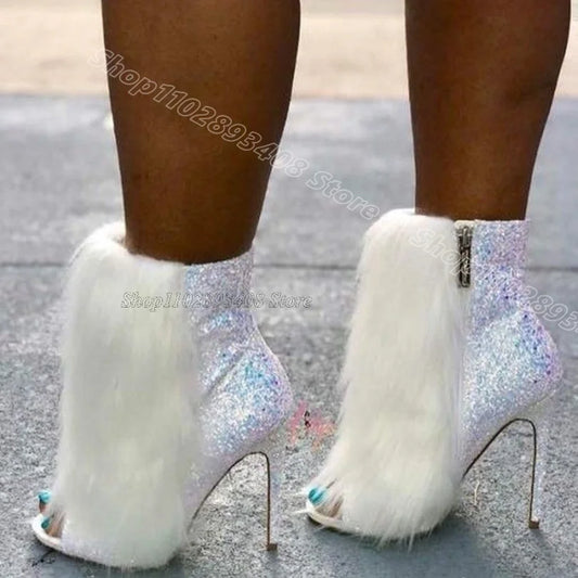 Glitter Fur Stiletto Peep Toe Boots