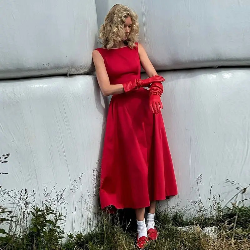 Solid Color Sleeveless Backless Dress with Waist Tie for Women