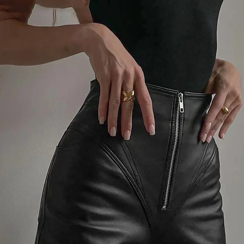 High Waist Slim Fit Faux Leather Trousers for Women