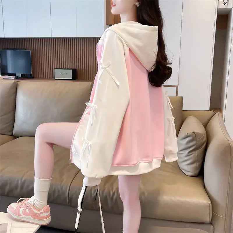 Woman Hooded Tops Bow Y2k Style Kpop Youthful Clothes Sweat-shirt Essential Matching Full Zip Up Hoodies Sweatshirt for Women