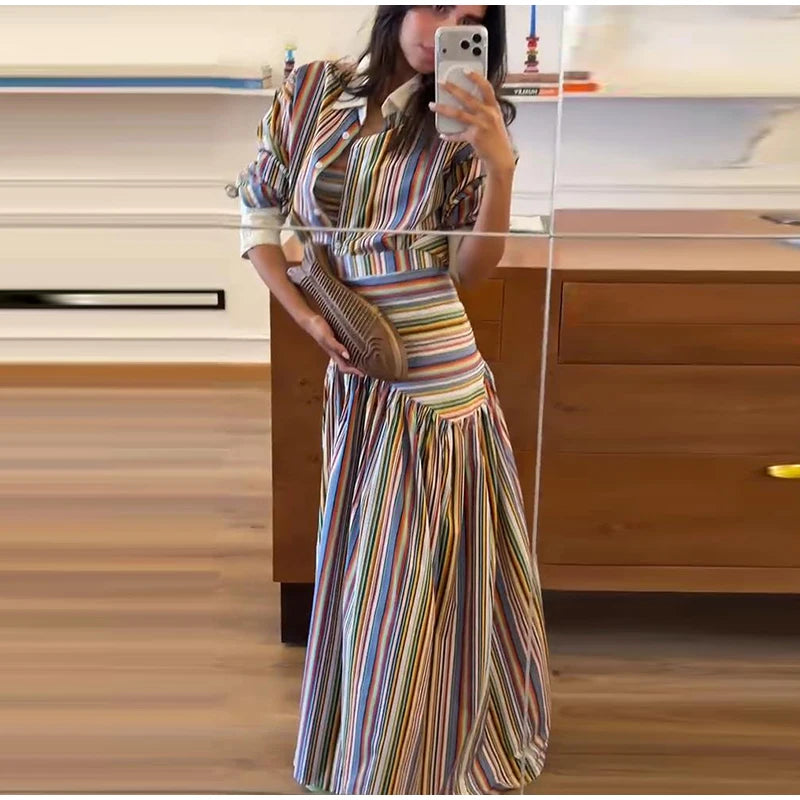 Elegant Multicolor Striped Puff Sleeve Maxi Dress For Women