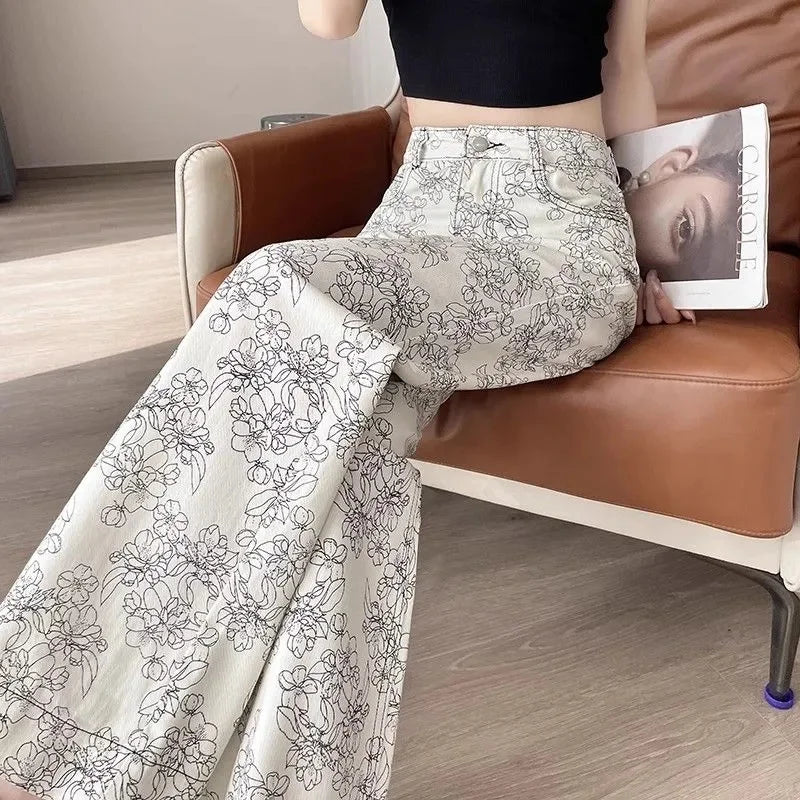 High Rise Wide Leg Printed Denim Pants For Women
