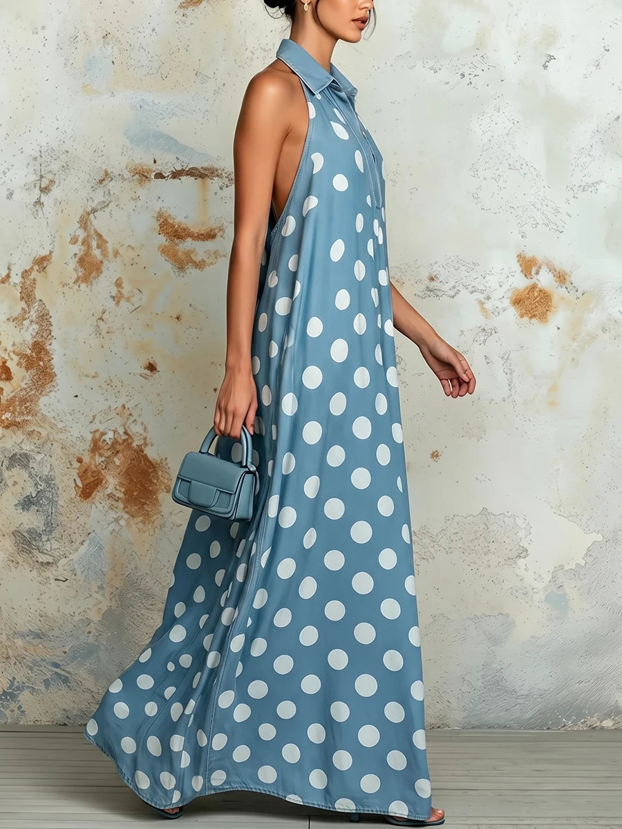 Casual Polka Dot Halter Sleeveless Maxi Dress For Women