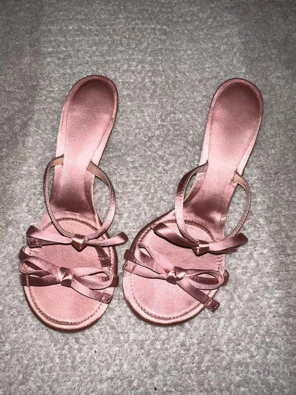 Blush Satin Gold Bow Stiletto Mules