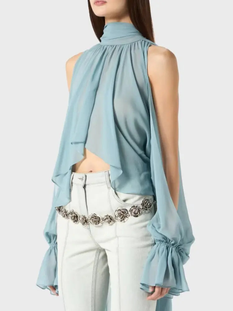 Vintage Chiffon Tiered Ruffle Sleeve Blouse with High Neck for Women