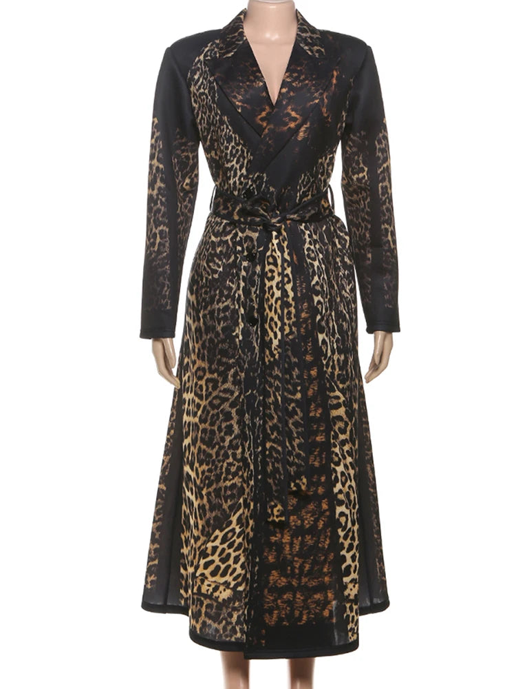 Cutemew Trench Leopard Print Coat Women Hipster Fall Warm Lapel Neck Full Sleeve Coquette Street Adjustable Belt Lady Outwear