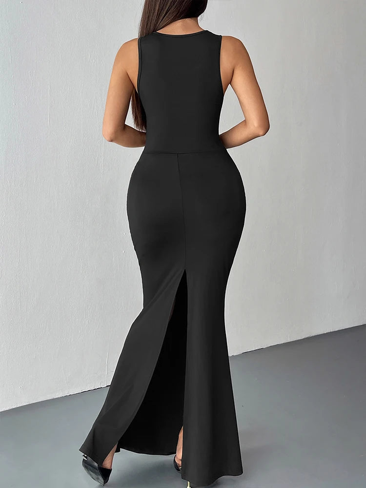 Black Sexy Women's Maxi Dresses Summer New Sexy Hollow Out Split Dress Streetwear Fashion Female Tank Sleeve Dresses Clothing