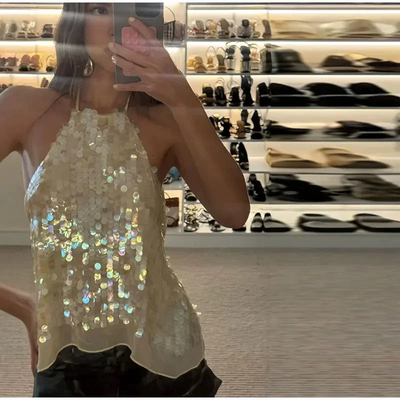Elegant Sequined Mesh Backless Halter Top for Women