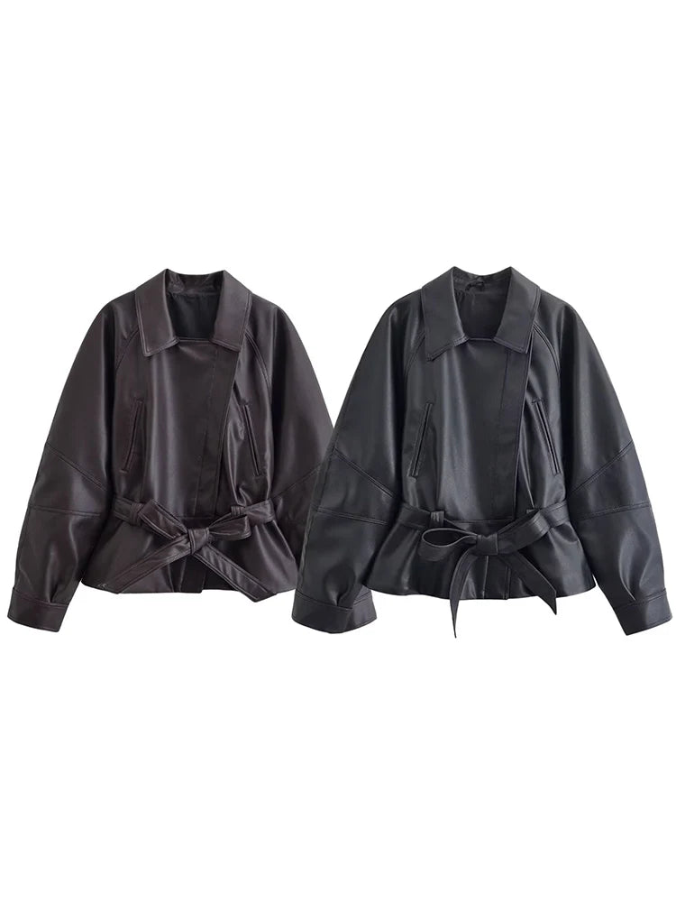 Vintage Black Belted Faux Leather Jacket for Women
