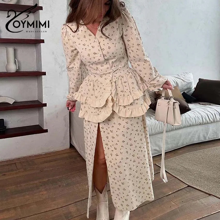 Oymimi Casual Apricot Print 2 Pieces Set For Woman Elegant Long Sleeve Button Ruffled Shirts And High Waist Side Slit Skirts Set
