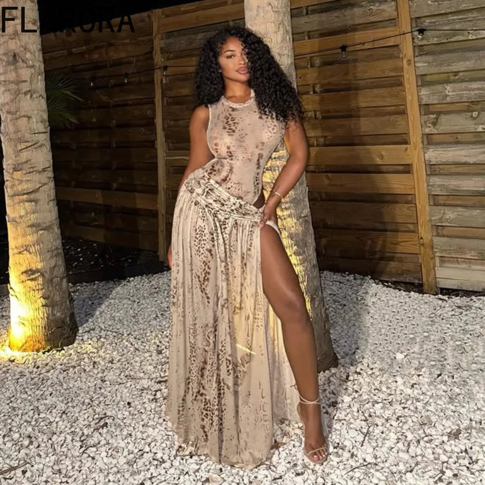 Leopard Print Bodysuit And Split Skirt Set for Women