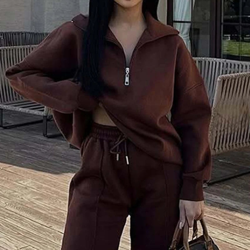 KUCLUT 2025 Autumn Fashion Sport Style Two-pieces Set For Women Half-Zip Pullover Sweatshirt Drawstring Long Casual Pants 1A1109