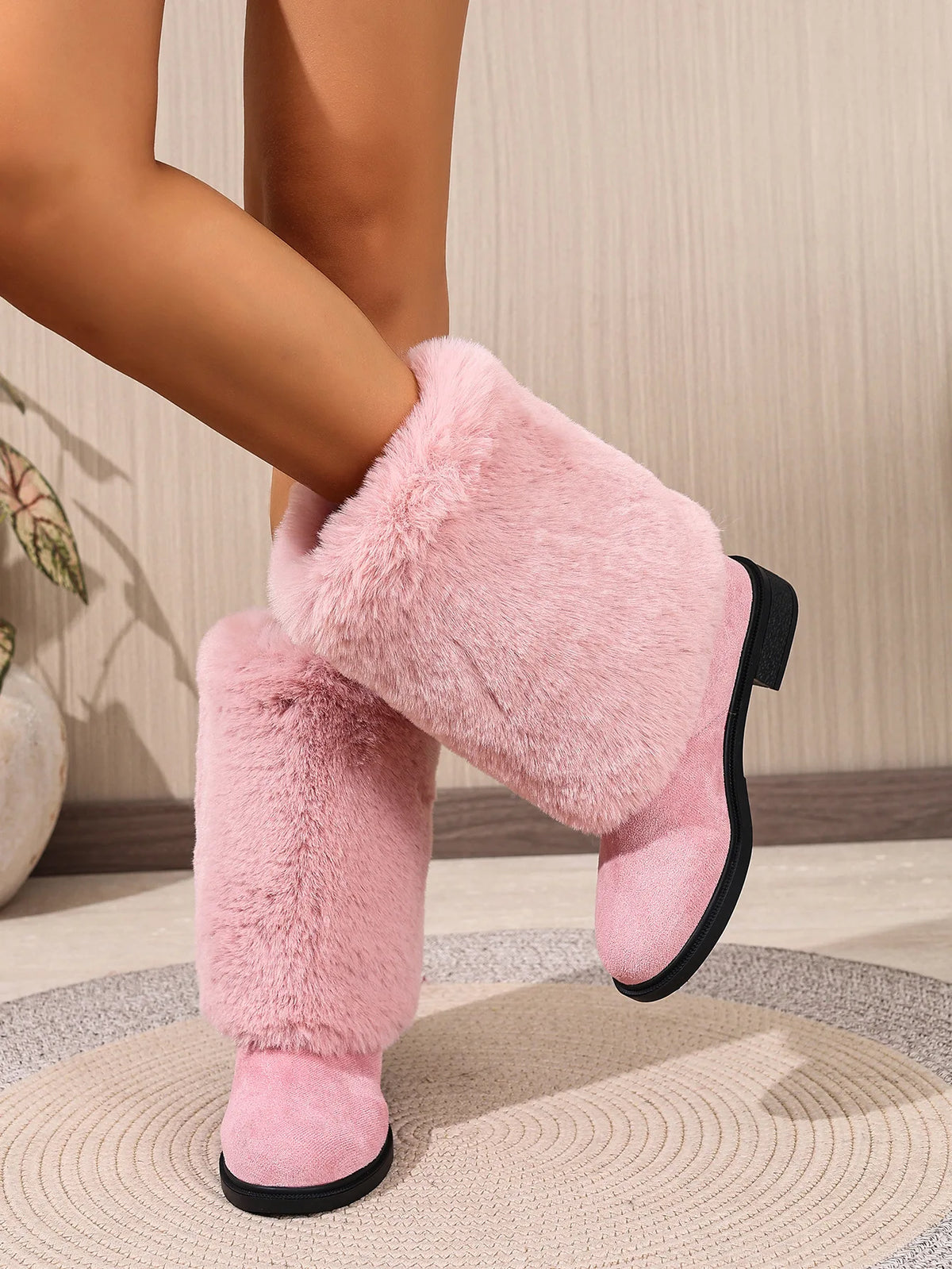 Plush Faux Fur Slip On Mid Calf Winter Snow Boots For Women