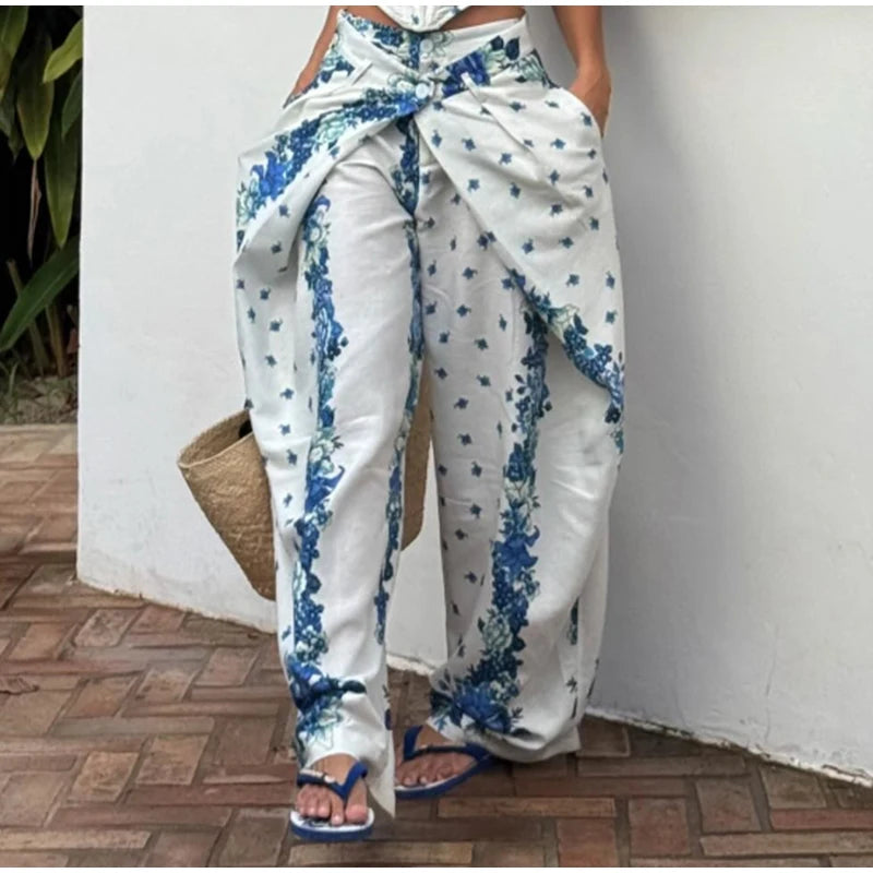 Printed Fishbone Top And Pleated Pants Two Piece Set For Women