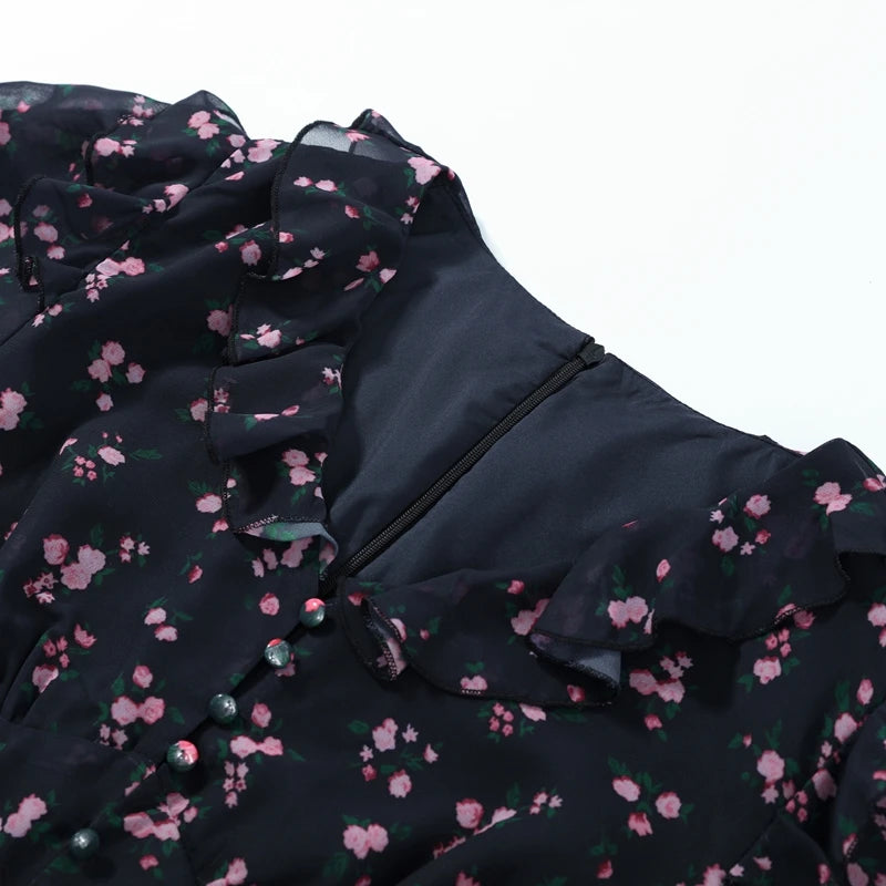 Printed Lace Trim V Neck Puff Sleeve Maxi Dress for Women