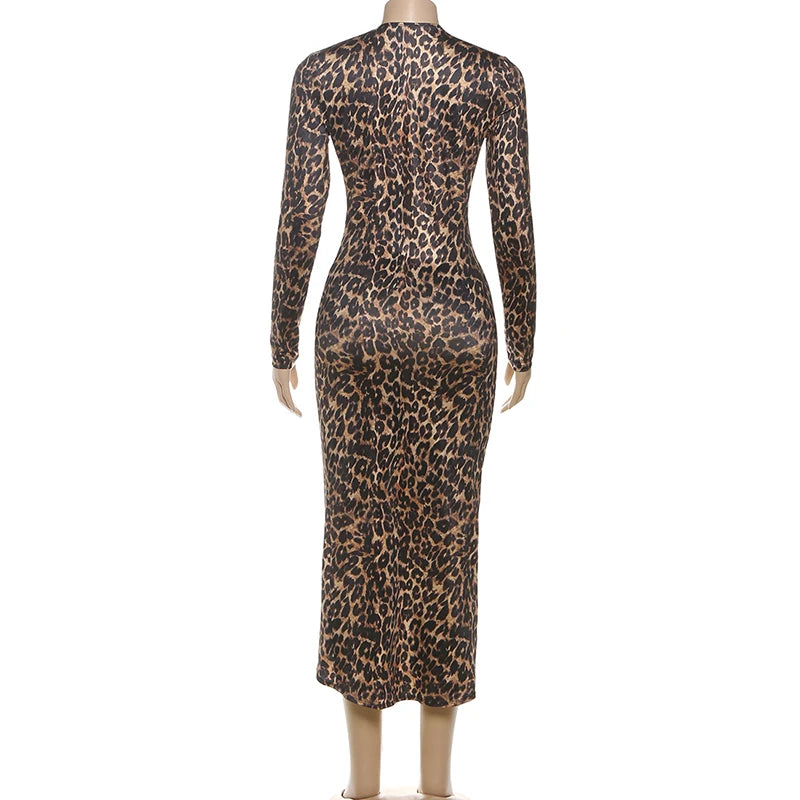 Leopard Print Deep V-Neck Ruched Maxi Dress for Women