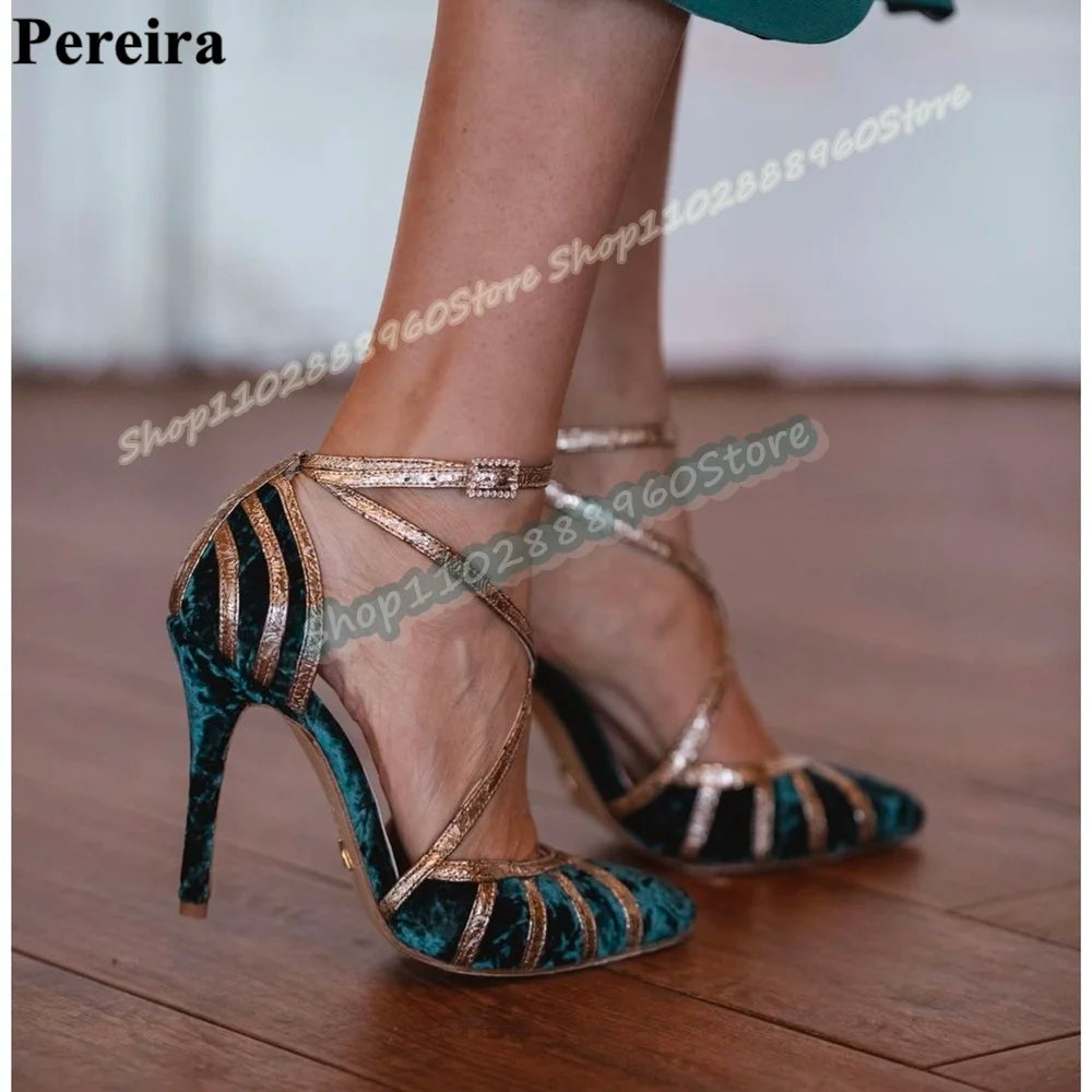 Mixed Suede Metallic Strip Sandals Thin High Heel Shoes For Women Ankle Buckle Strap Pointed Toe Luxury Banquet Stylish Sandals