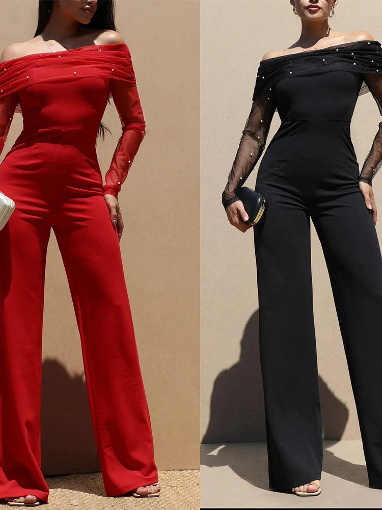 Off Shoulder High Waisted Mesh Panel Jumpsuit for Women