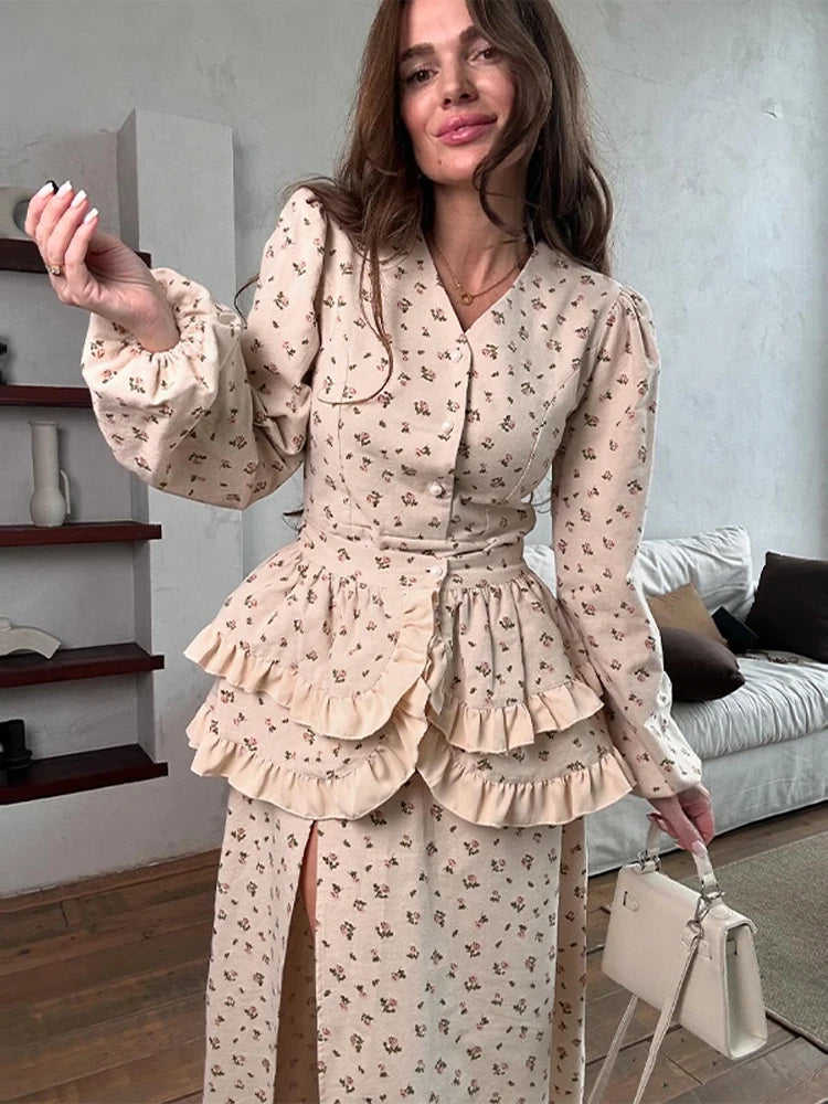 V Neck Button Lantern Sleeve Print Waistband Dress for Women