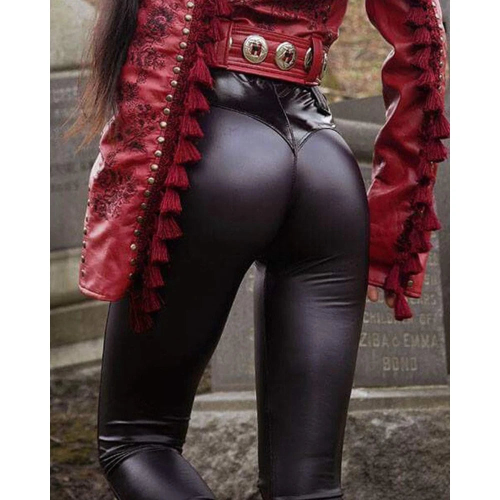 2025 Spring Autumn Women High Waist PU Leather Skinny Push Up Pants Sporty Female Faux Leather Leggings Streetwear Clothing traf