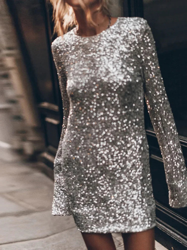 Silver Sequin Long Sleeve Backless Mini Dress for Women