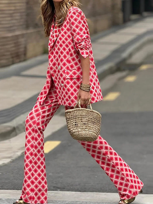 Elastic Waist Flare Sleeve Print Outfit, Women Autumn Winter V Neck Long Sleeve Matching Sets, New Casual Patchwork Ladies Suits