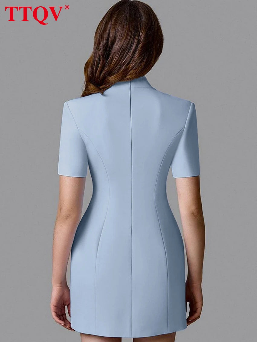 Elegant Slim Fit Stand Collar Short Sleeve Mini Dress for Women