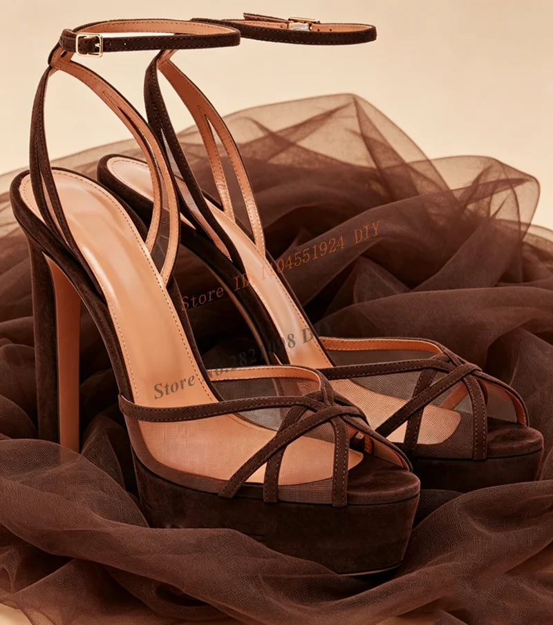 Open Toe Suede Trimmed Mesh Platform Sandals for Women