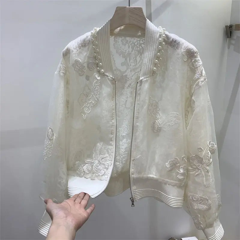 Bead Embroidered Round Neck Baseball Jacket For Women